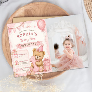 Convite Urso de pelúcia com laço rosa xadrez de aniversári