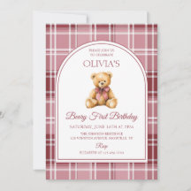 Urso de pelúcia com laço rosa xadrez de aniversári