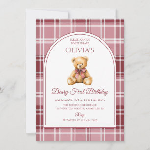 Convite Urso de pelúcia com laço rosa xadrez de aniversári