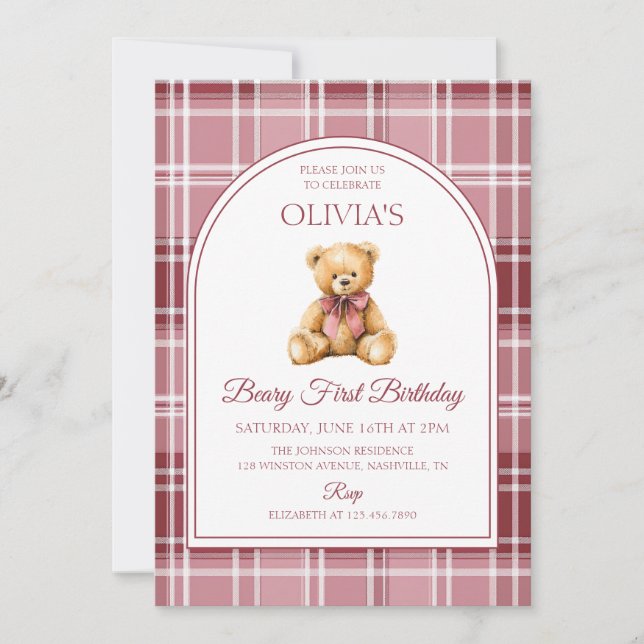 Convite Urso de pelúcia com laço rosa xadrez de aniversári (Frente)