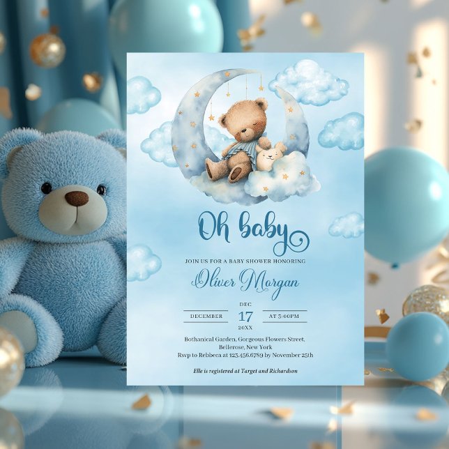 Convite Urso de pelúcia-de-aquarela-branca a dormir sobre  (oh baby - boy baby shower invitation with teddy bear)