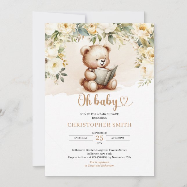 Convite Urso de pelúcia-de-boho lendo livro verde e marrom (Frente)