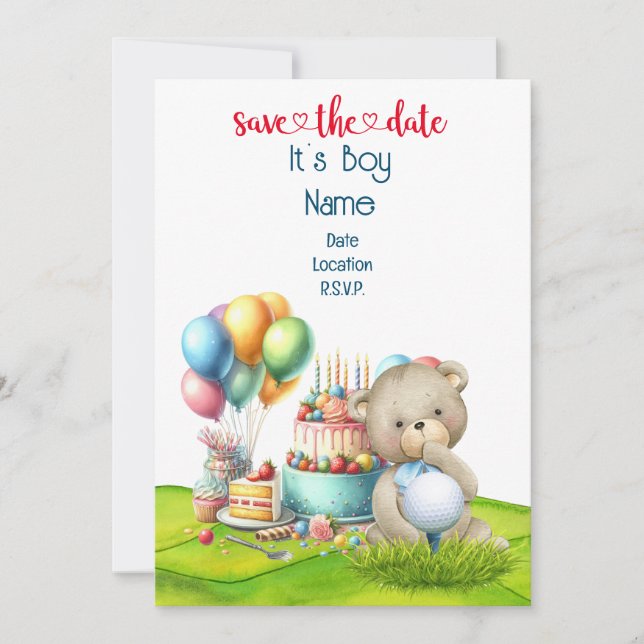 Convite Urso de Pelúcia de Golfe É Menino para Bebê Golfis (Frente)