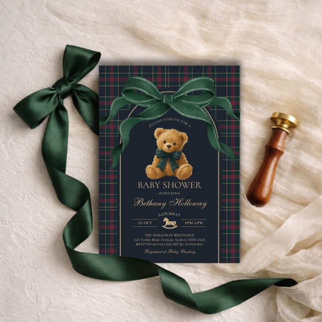 Convite Urso de pelúcia de luxo com laço verde xadrez para (Criador carregado)