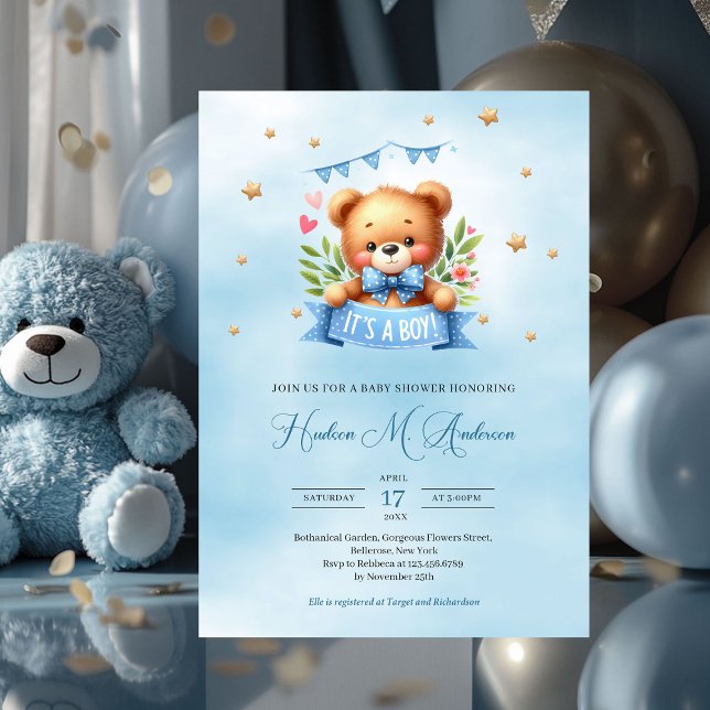 Convite Urso de pelúcia doce é um chá de fraldas de menino (cute teddy bear it's a boy baby shower invitation)