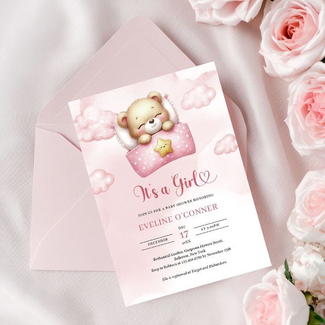 Convite Urso de pelúcia dormindo fofo É um Chá de Bebê Men (Cute sleeping teddy bear It's a Girl baby Shower Invitation)