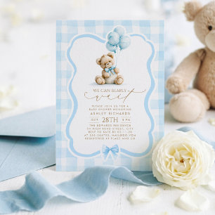 Convite Urso de Pelúcia Elegante Xadrez Azul Pastel Churra