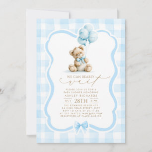 Convite Urso de Pelúcia Elegante Xadrez Azul Pastel Churra