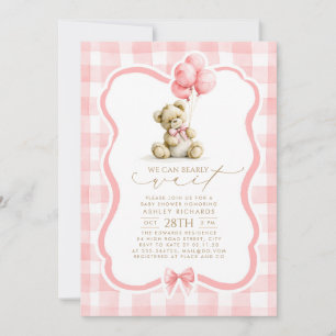 Convite Urso de pelúcia Elegante Xadrez Rosa Pastel Churra