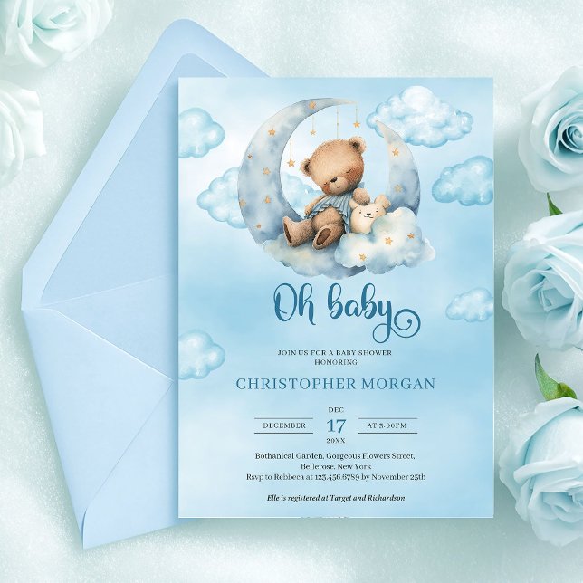 Convite Urso de pelúcia em aquarela dormindo sobre a lua (Cute Sleeping Teddy Bear Boy Baby Shower Editable Invitation –)