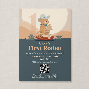 Convite Urso de Pelúcia em Código QR Cowboy Primeiro Rodei