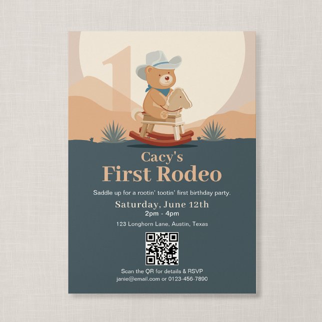 Convite Urso de Pelúcia em Código QR Cowboy Primeiro Rodei (Saddle Up - First Rodeo QR Invitation)