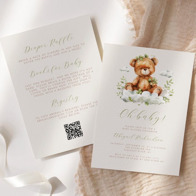 Convite Urso de Pelúcia Eucalipto Verde Código QR Chá de B (Criador carregado)