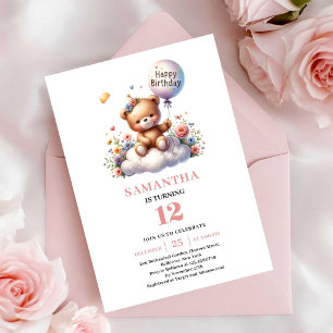 Convite Urso de pelúcia feliz balão flor menina aniversári