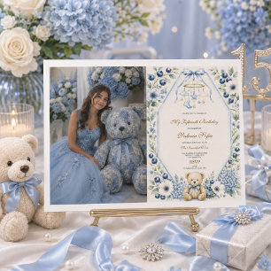 Convite Urso de pelúcia floral azul - Festa de 15 anos