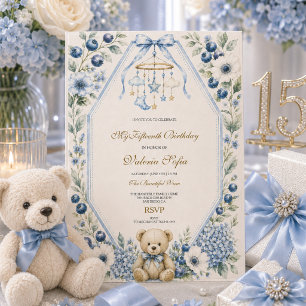 Convite Urso de pelúcia floral azul - Festa de 15 anos
