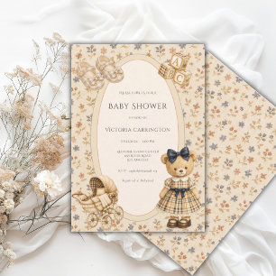 Convite Urso de pelúcia floral azul vintage bebê