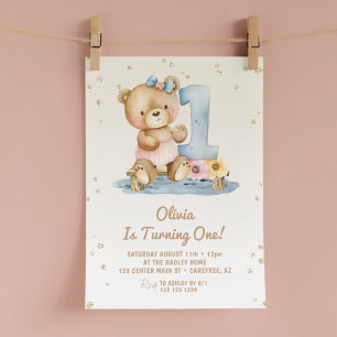 Convite Urso de Pelúcia Fofo de 1º Aniversário