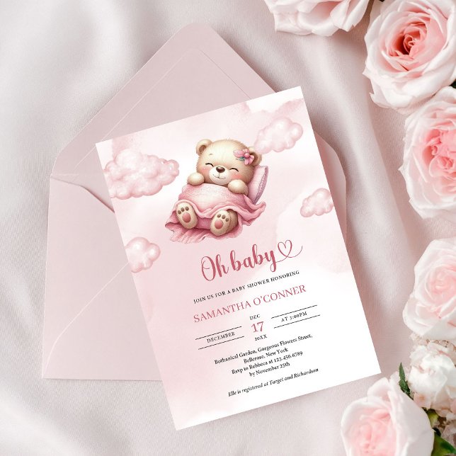 Convite Urso de pelúcia fofo dormindo no céu rosa e nuvens (Cute sleeping teddy bear in pink sky and clouds invitation)