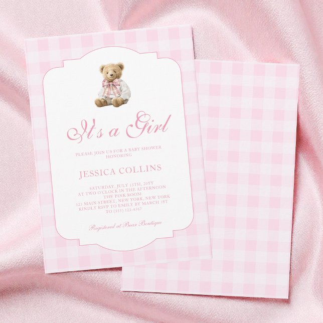 Convite Urso de pelúcia Gingham Rosa É uma Menina Chá de B (Pink Gingham Teddy Bear It's a Girl Baby Shower Invitation)