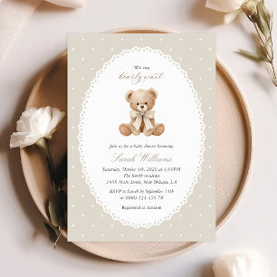 Convite Urso de Pelúcia, Laço, Bolinhas Bege, Chá de Bebê