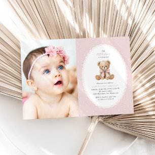 Convite Urso de Pelúcia, Laço, Bolinhas Cor-de-Rosa, Prime