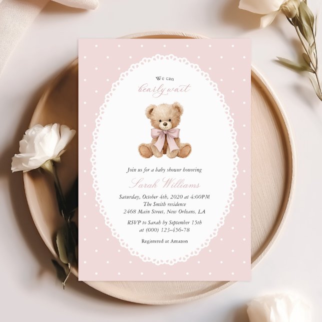 Convite Urso de Pelúcia, Laço Rosa, Bolinhas Rosa, Chá de  (Criador carregado)