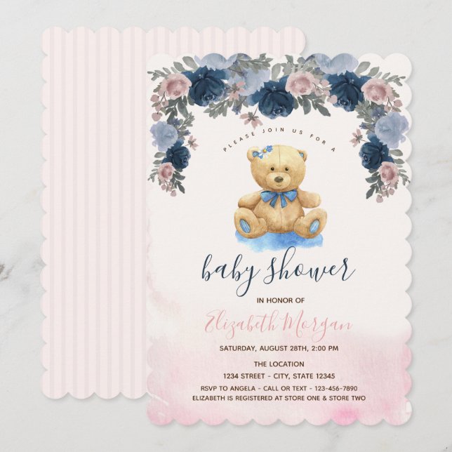 Convite Urso de pelúcia listras rosa Baby Shower   (Frente/Verso)