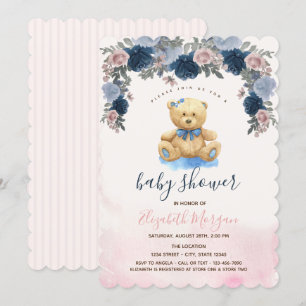 Convite Urso de pelúcia listras rosa Baby Shower