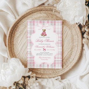 Convite Urso de pelúcia Luxsary Xadrez Rosa Banho de Bebê