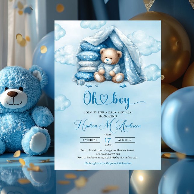 Convite Urso de pelúcia marrom, de cor aquosa, de boho, nu (cute sleeping teddy bear - boy baby shower invitation)