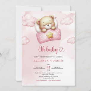 Convite Urso de pelúcia menina aquarela rosa empoeirado e