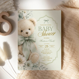 Convite Urso de pelúcia menino verde Sage Churrasco de beb
