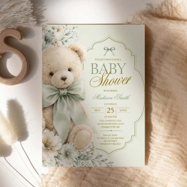 Convite Urso de pelúcia menino verde Sage Churrasco de beb (Criador carregado)