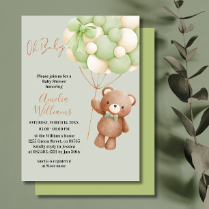 Convite Urso de Pelúcia Neutro Oh Bebê Balão Verde Bebê