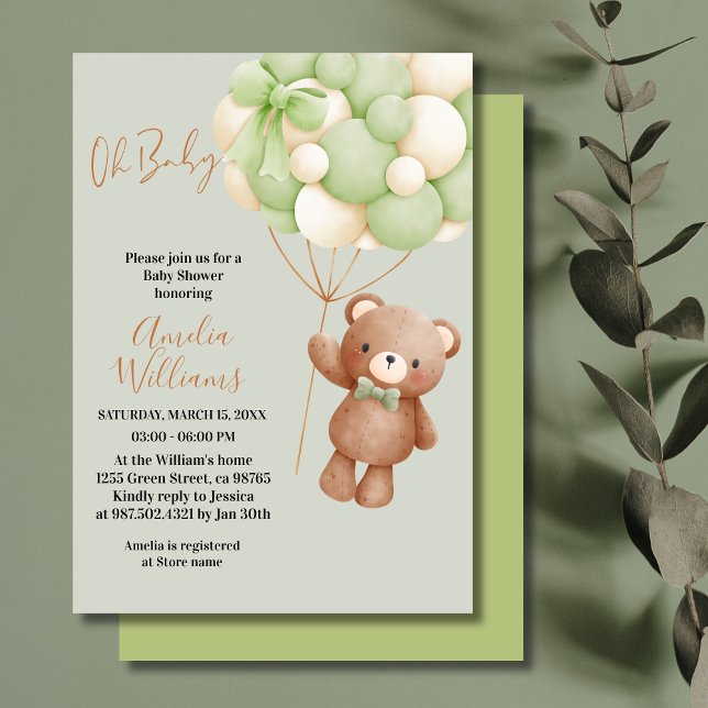 Convite Urso de Pelúcia Neutro Oh Bebê Balão Verde Bebê (Criador carregado)