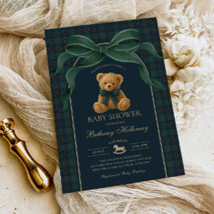 Convite Urso de pelúcia Polo Vintage em xadrez verde para