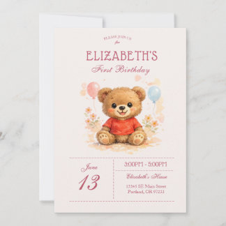 Convite Urso de Pelúcia Primeiro Aniversário Coral Floral
