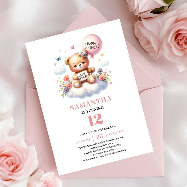 Convite Urso de pelúcia querido balão menina das flores an (Darling teddy bear balloon flower girl birthday invitation

)