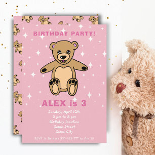 Convite Urso de Pelúcia Rosa Aniversário de Menina Fofa