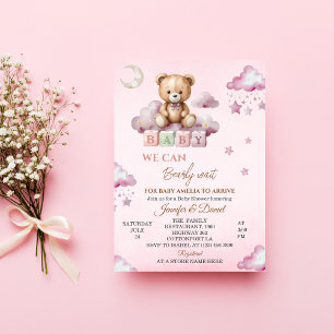 Convite Urso de pelúcia rosa Bearly Wait Baby Shower
