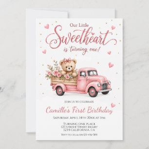 Convite Urso de pelúcia rosa Caminhão vintage Floral 1º An