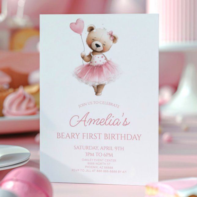 Convite Urso de Pelúcia Rosa Festa de 1º Aniversário (Criador carregado)