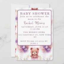 Urso de pelúcia roxo e flores - Chás de Bebê