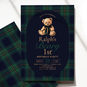 Convite Urso de pelúcia Tartan 1º Aniversário