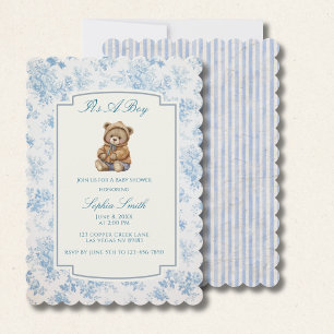 Convite Urso de pelúcia Toile Azul Francês Floral Vintage