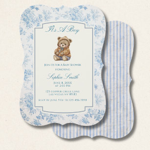 Convite Urso de pelúcia Toile French em azul empoeirado vi