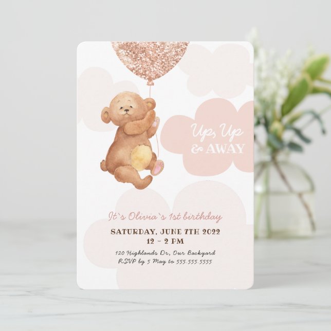 Convite Urso de pelúcia Urso Rosa Nuvens Bebê Aniversário (Em pé/Frente)
