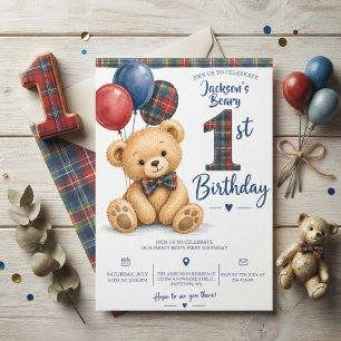 Convite Urso de pelúcia Xadrez Aquarela para 1º Aniversári