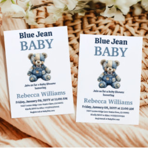 Convite Urso de Remendo de Jeans Menino Azul Chuveiro de B